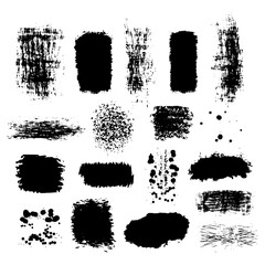 Collection of black grunge brush strokes. Black ink splashes various shapes