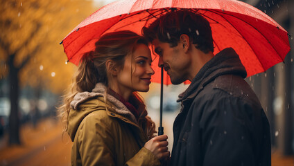 Couple in love, man and woman under an umbrella, autumn emotion