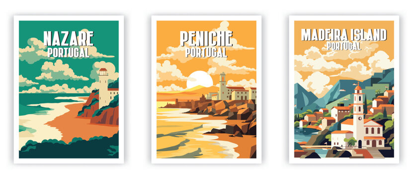 Peniche, Nazare, Madeira Island Illustration Art. Travel Poster Wall Art. Minimalist Vector art.