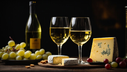 Wine and cheese pairing on wooden board