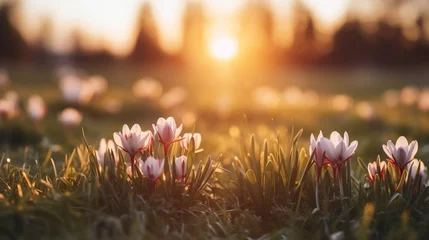 Photo sur Aluminium Aube Vibrant spring easter sunrise background with blurred defocused backdrop and text placement space