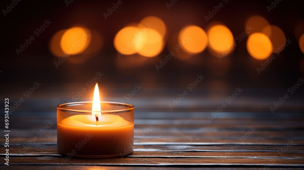 Wall mural A candle lit on a wooden table with blurred background, AI - Wall murals