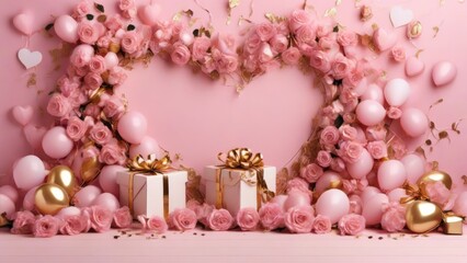 Background template with gold balloons in heart shape with pink flowers and garlands, gift boxes on pink background for celebration: Valentine’s Day.