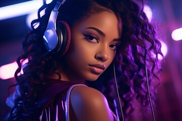 Cool teen girl rocking to DJ beats in purple neon lights while wearing stylish headphones.