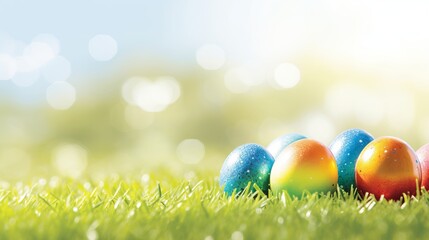 Easter banner with colorful eggs in grass, sun rays, and ample copy space for text placement.