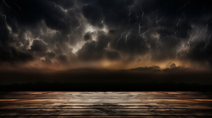 Empty old wooden table with Thunderstorm clouds with lightnings at night sky background, Template, Mock up 