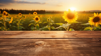 Empty old wooden table with Beautiful sunset over sunflowers field background, Template, Mock up 