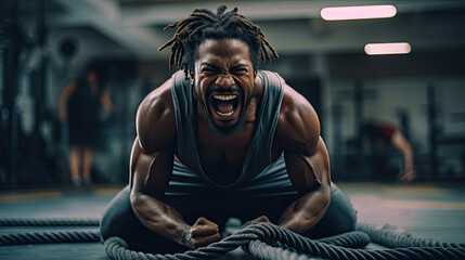 African American muscular man screaming and doing battle rope workout at gym. Advertising banner concept for a gym or fitness trainer.