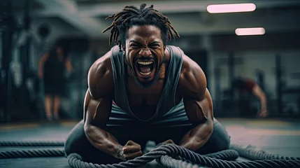 Papier Peint photo Lavable Fitness African American muscular man screaming and doing battle rope workout at gym. Advertising banner concept for a gym or fitness trainer.