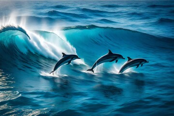 A pod of dolphins dancing playfully in the sparkling waves of the open ocean, their sleek bodies...