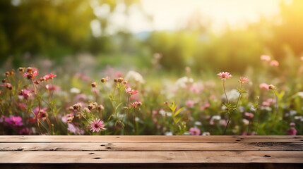 Empty old wooden table with defocused beautiful meadow full of spring flowers background, Template, Mock up 