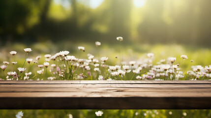 Empty old wooden table with defocused beautiful meadow full of spring flowers background, Template, Mock up 