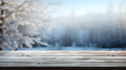 Empty old wooden table with winter background, Template, Mock up