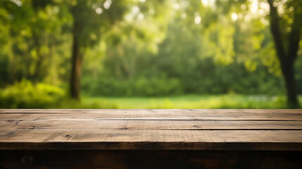 Empty old wooden table with green nature background, Template, Mock up 