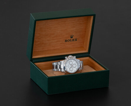 Box display with Rolex Oyster Daytona wrist watch from Rolex a Swiss watchmaker of luxury watches. Copenhagen, Denmark - September 20, 2023.
