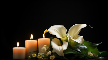 Burning candles and calla flowers on black background, Grief, Template, Mock Up 