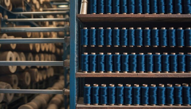  a room filled with lots of shelves filled with lots of different types of blue and brown thread and spools of thread.