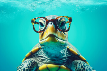 Fototapeta premium A turtle with a serious expression and glasses against a vibrant blue backdrop