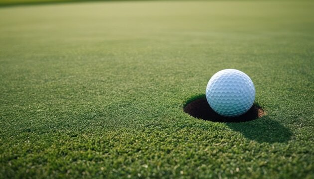  A Golf Ball Sitting On The Edge Of A Hole On A Green Grass Covered Golf Course With A Blue Sky In The Background.