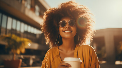 Happy woman drinking coffee holding a cup in the front of her face, bright sunny day - Powered by Adobe