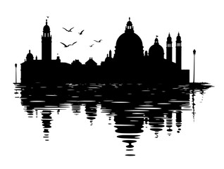 Silhouette of Venice skyline and architecture with gondola on the water. Silhouette vector illustration © Oleg