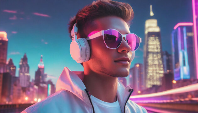 Mężczyzna w stylu świata synthwave, a w tle miasto retrowave. AI Generative.