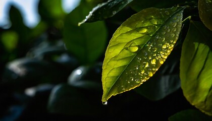 Obraz premium Raindrops, water on a lemon leaf. Fresh, juicy, beautiful tree leaf close-up. Summer, spring 