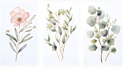 Pictures of eucalyptus and watercolor flowers, without background, white background.