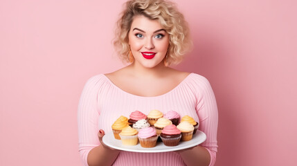 A young plus size woman with a beaming smile presents a selection of colourful cupcakes, set against a matching pink backdrop.