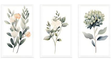 Pictures of eucalyptus and watercolor flowers, without background, white background.