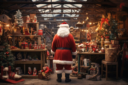 Santa Claus works diligently, creating and wrapping toys in his festive workshop