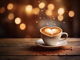 Fototapeta premium taza con un corazón dibujado con la crema del café, sobre mesa de madera y fondo dorado desenfocado