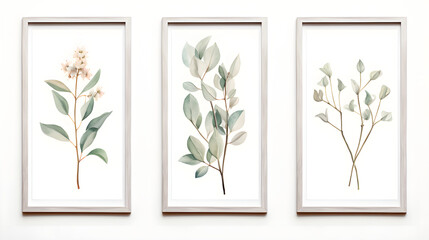 Paintings of eucalyptus and watercolor flowers, wooden table without background, white background.