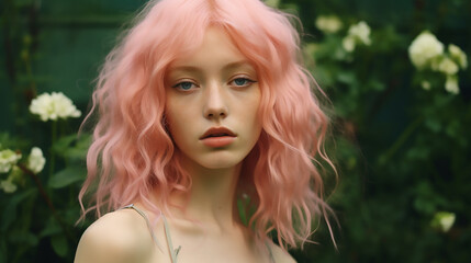 Portrait of a female model with bleached pink coloured hair, Fashion commercial template 