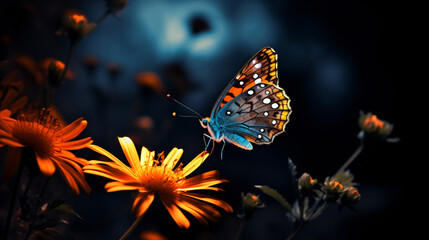  A butterfly that is sitting on a flower in the dark background 