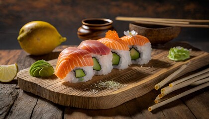 composizione di sushi succoso su tavola di legno e luce soffusa. Immagine AI