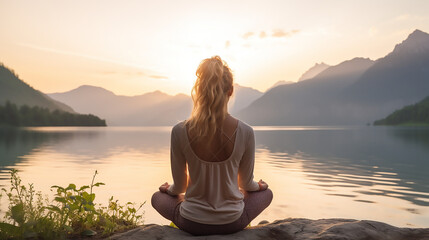 Back view of a man sitting in yoga pose in the sundown with a lake and mountains in front of him - obrazy, fototapety, plakaty
