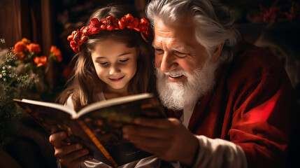 Grandfather with his granddaughter reading a book, Family time