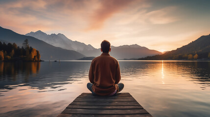 Back view of a man sitting in yoga pose in the sundown with a lake and mountains in front of him - obrazy, fototapety, plakaty