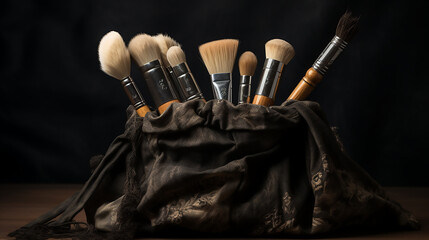 Naklejka premium Set of brushes in a cloth bag, Fashion template 