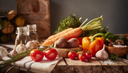 verdure di stagione su sfondo rustico e luce soffusa. Immagine AI