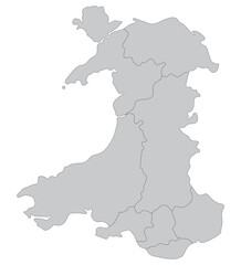 Wales map. Map of Wales divided in main regions in grey color
