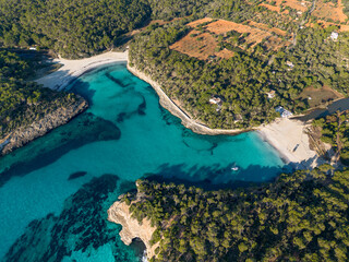 Cala Mondrago and S'Amarador beaches in Majorca aerial view, Mondrago Nature Park