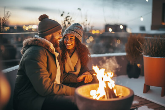 Happy couple having a romantic date on outdoor terrace with fire pit in winter