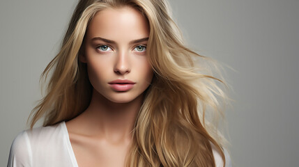 Fototapeta premium Beauty portrait of a elegant female model with blue eyes and blonde hair, Fashion commercial template 