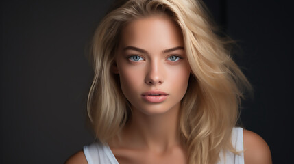 Fototapeta premium Beauty portrait of a elegant female model with blue eyes and blonde hair, Fashion commercial template 