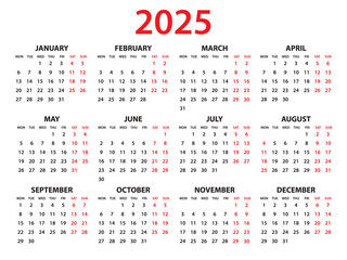 Calendar 2025 year vector illustration, Set of 12 calendar, week starts on Monday, Simple planner template, desk calendar 2025 year, wall calendar 2025 template, print media, corporate template