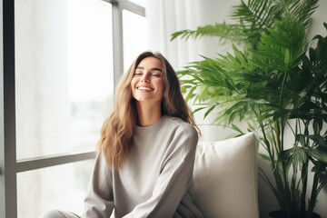 Happy young woman with a smile meditates among indoor plants at home. Mental health, Home gardening - obrazy, fototapety, plakaty