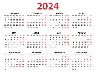 Calendar 2024 year vector illustration, Set of 12 calendar, week starts on Monday, Simple planner template, desk calendar 2024 year, wall calendar 2024 template, print media, corporate template - obrazy, fototapety, plakaty