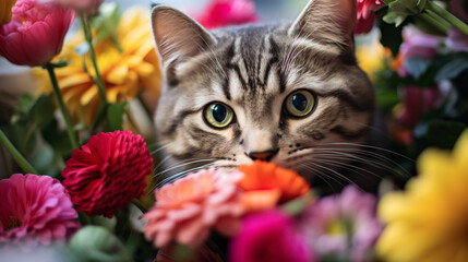   A close up of a cat near a bunch of flowers